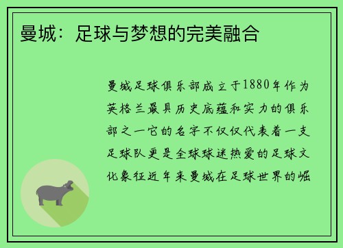 曼城：足球与梦想的完美融合