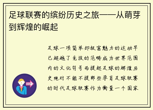 足球联赛的缤纷历史之旅——从萌芽到辉煌的崛起
